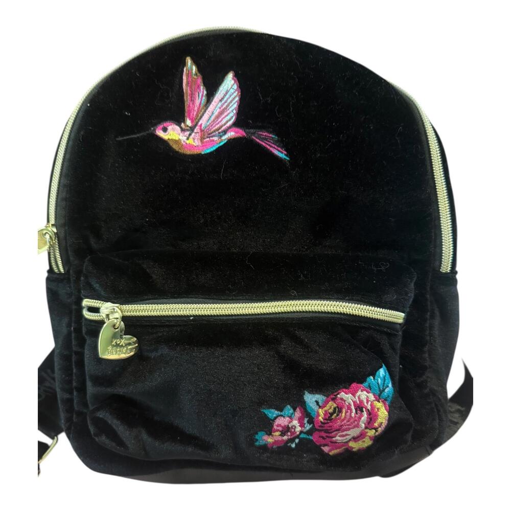 Betsey Johnson Black Velvet Floral Hummingbird Mini Backpack
